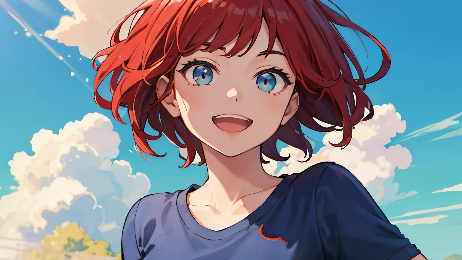 ((best quality)), ((masterpiece)), (detailed), Perfect face,Red hair,Smile,Open your mouth a little,summer,Blue sky,cloud,Standing picture,Short sleeve T-shirt,Upper Body