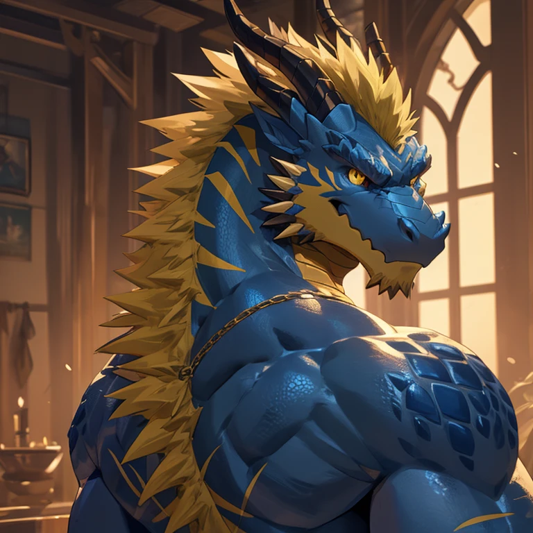Solo, male, scalie, furry, god, solo, eastern dragon, anthropomorphic dragon, dragon head, blue scales, yellow stripes, light blue underbelly, ferocious, , intimidating, draconic eyes, dragon head, yellow fur on back, yellow beard, bara, muscular, bust up