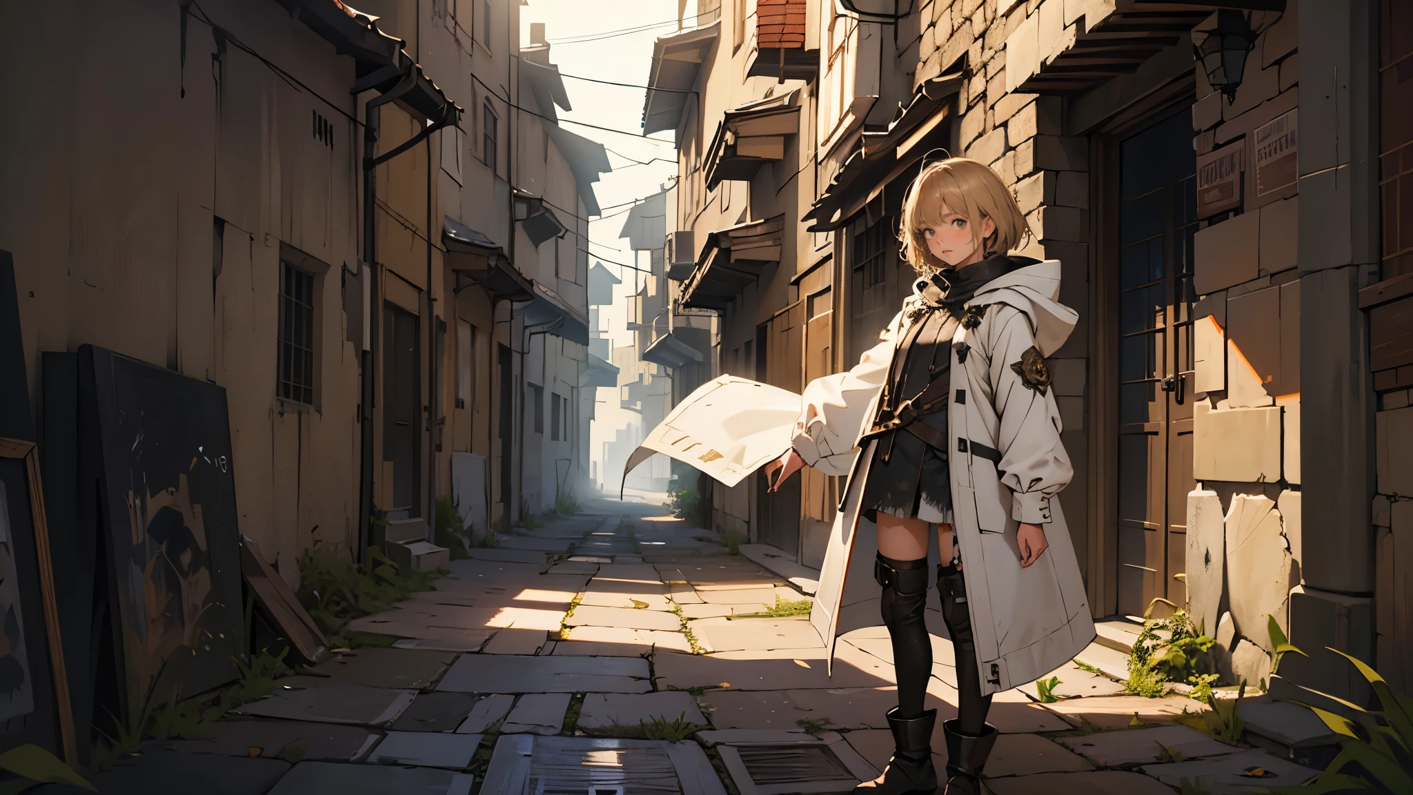 masterpiece, ultra detailed, 8K Portrait, Raw photo, a portrait photo of girl and golden baby bear, Highly detailed face, beautiful and meticulous eyes, ((Fantasy)), 10 year old, young girl, little, dark blonde short hair, brown eyes, Kind face, skinny, (dirty and tattered clothes), dirty and tattered hooded long white coat Fluttering in the wind, ((bare foots)), Midday Sun, Hyper realistic, in a medieval back alley, Ambient lighting, Shadow details , strong breeze, Light fog