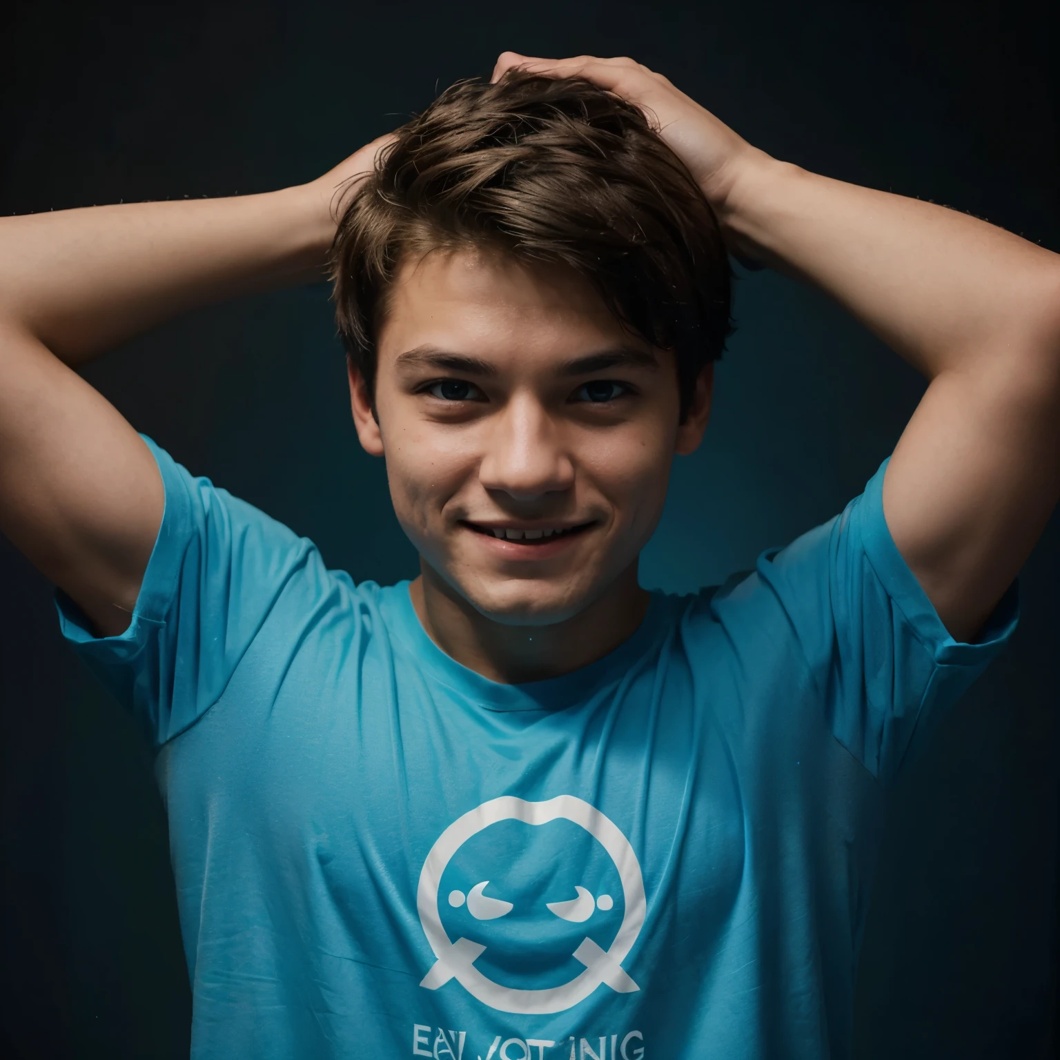 Generate a photo in which there will be a teenage boy wearing a skyblue colored T shirt  and RGB light will be falling on his face and his background will be dark and he will be winking. And he will be smiling and his face will be smooth and glowing. And that boy will be very goodlooking and handsome.