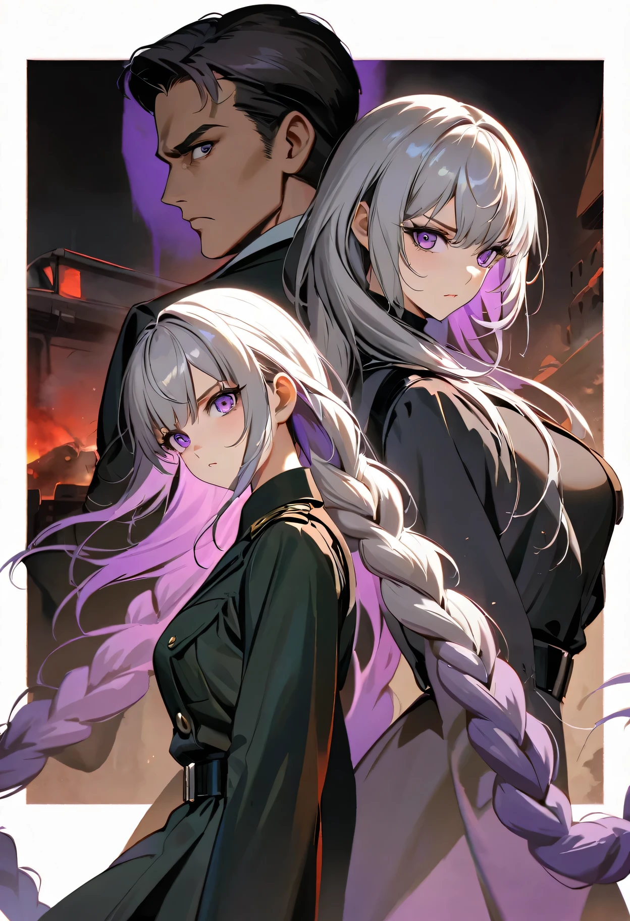 cinematic spy thriller poster, a couple of spies back to back, man and woman standing back-to-back looking at the viewer, yinji , purple hair,purple eyes,very long hair,grey hair,double braid,gradient hair, high contrast lighting, dramatic shadows, intense facial expressions, covert mission, secret agents, cold war era, action, suspense, intrigue,chiaroscuro lighting, moody atmosphere, cinematic composition, bold color palette, striking poses, tense body language, adventure, mystery, danger