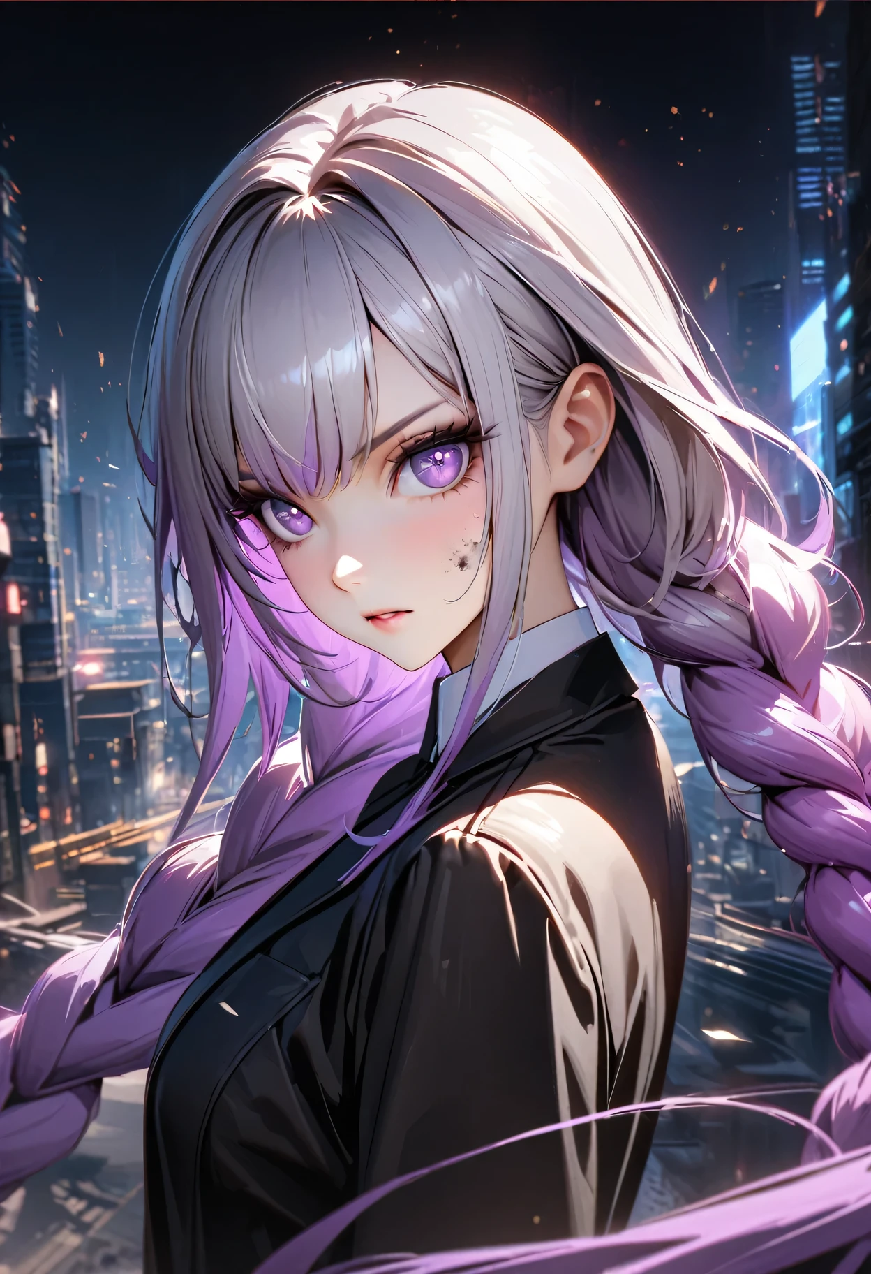 detailed portrait of two secret agent lovers, man and woman standing back-to-back looking at the viewer, yinji , purple hair,purple eyes,very long hair,grey hair,double braid,gradient hair,  cinematic dramatic lighting, high contrast, cool color tones, detailed facial features, intense gaze, elegant classy attire, urban city background, gritty sci-fi atmosphere, masterpiece, 8k, photorealistic