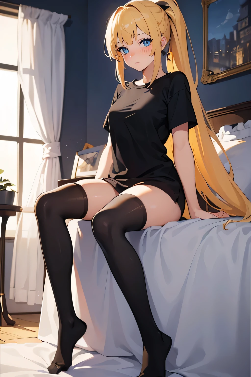 ((Best anatomy)1girl, long golden hair,green eyes, dog floppy ears, in black stockings, on bed, slender body, perfect eyes, perfect quality, back to camera, yellow bed, nude, Liying