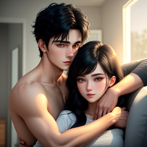 Man and woman, at bedroom, aggressive kissing kiss, staring intently to eyes. They staring each other to partner's eyes. Man Hugging woman from back and kissing, Lovers. Hand on the waist. Hand on the neck. Hand on the face. 
20-year-old boy and 18-year-old girl. cute, sunny, warm vibes, Handsome-cool-warm-boy with black hair and hot-seductive-sexy-cute-beautiful-girl with black hair and blushing face. Intimate vibes. Detailed face, Detailed eyes, double eyelid, 