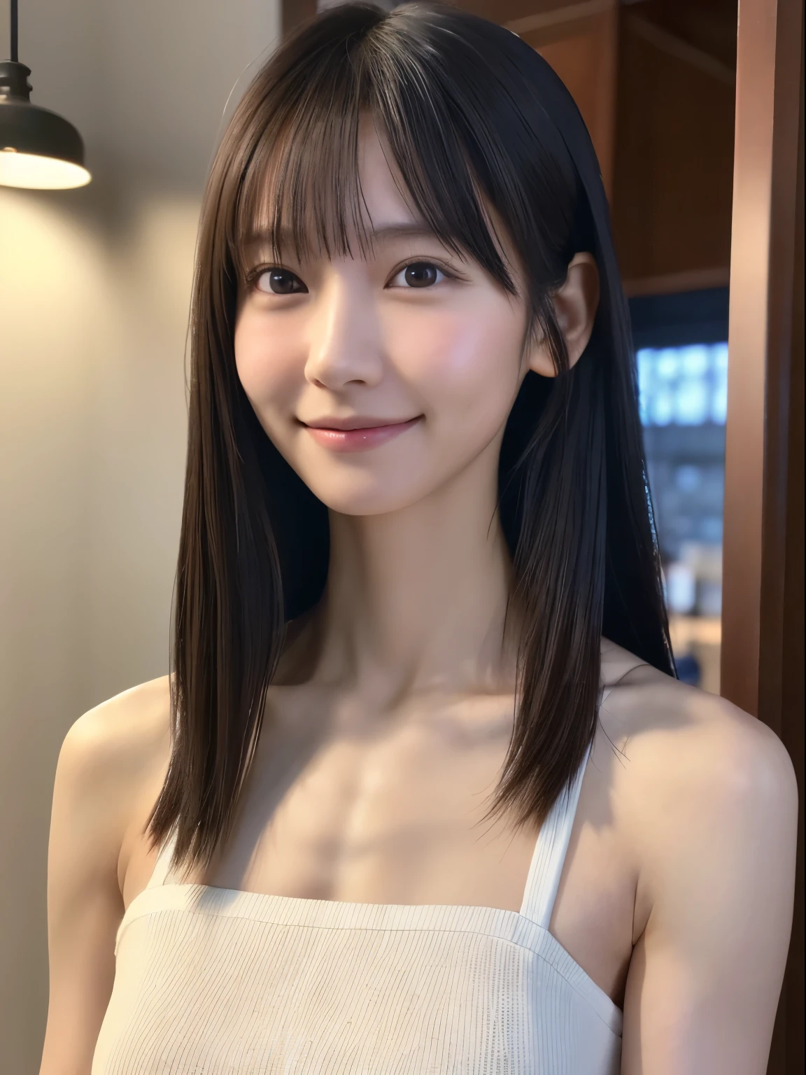 1 Japanese girl, (RAW Photos, highest quality), (Realistic, Realistic:1.4), Tabletop, Very delicate and beautiful, Very detailed, 8k wallpaper, wonderful, In detail, Very detailedなCG Unity, High resolution, Soft Light, Beautiful details 19 years old, Very detailedな目と顔, Beautiful and detailed nose, Beautiful details,Cinema Lighting,Perfect Anatomy,Slender body,smile  (Asymmetrical bangs), Beautiful illustrations, (Natural Side Lighting, Cinema Lighting), (Perfect Anatomy:1.4), Cute and symmetrical face, White skin, Shiny skin, (Casual Fashion)