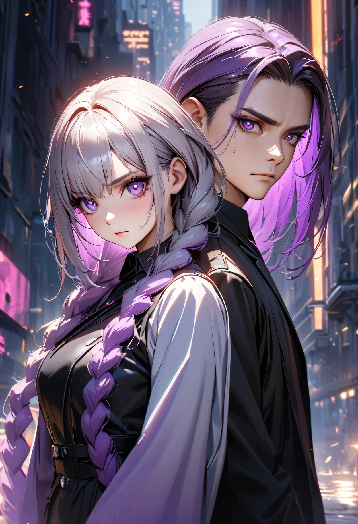 detailed portrait of two secret agent lovers, man and woman standing back-to-back looking at the viewer, yinji , purple hair,purple eyes,very long hair,grey hair,double braid,gradient hair, cinematic dramatic lighting, high contrast, cool color tones, detailed facial features, intense gaze, elegant classy attire, urban city background, gritty sci-fi atmosphere, masterpiece, 8k, photorealistic