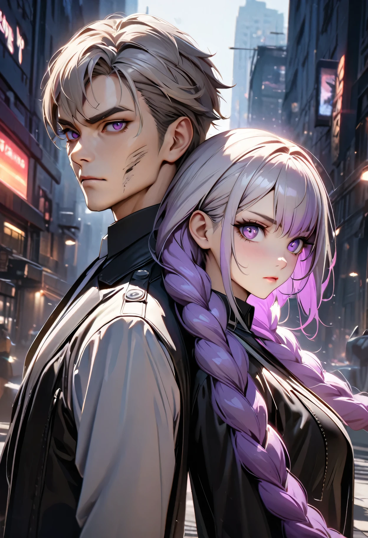 detailed portrait of two secret agent lovers, man and woman standing back-to-back looking at the viewer, yinji , purple hair,purple eyes,very long hair,grey hair,double braid,gradient hair, cinematic dramatic lighting, high contrast, cool color tones, detailed facial features, intense gaze, elegant classy attire, urban city background, gritty sci-fi atmosphere, masterpiece, 8k, photorealistic