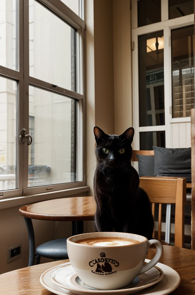 A cat in a cafe, he's going to have a breakfast, enjoying a latte milk and croissants.