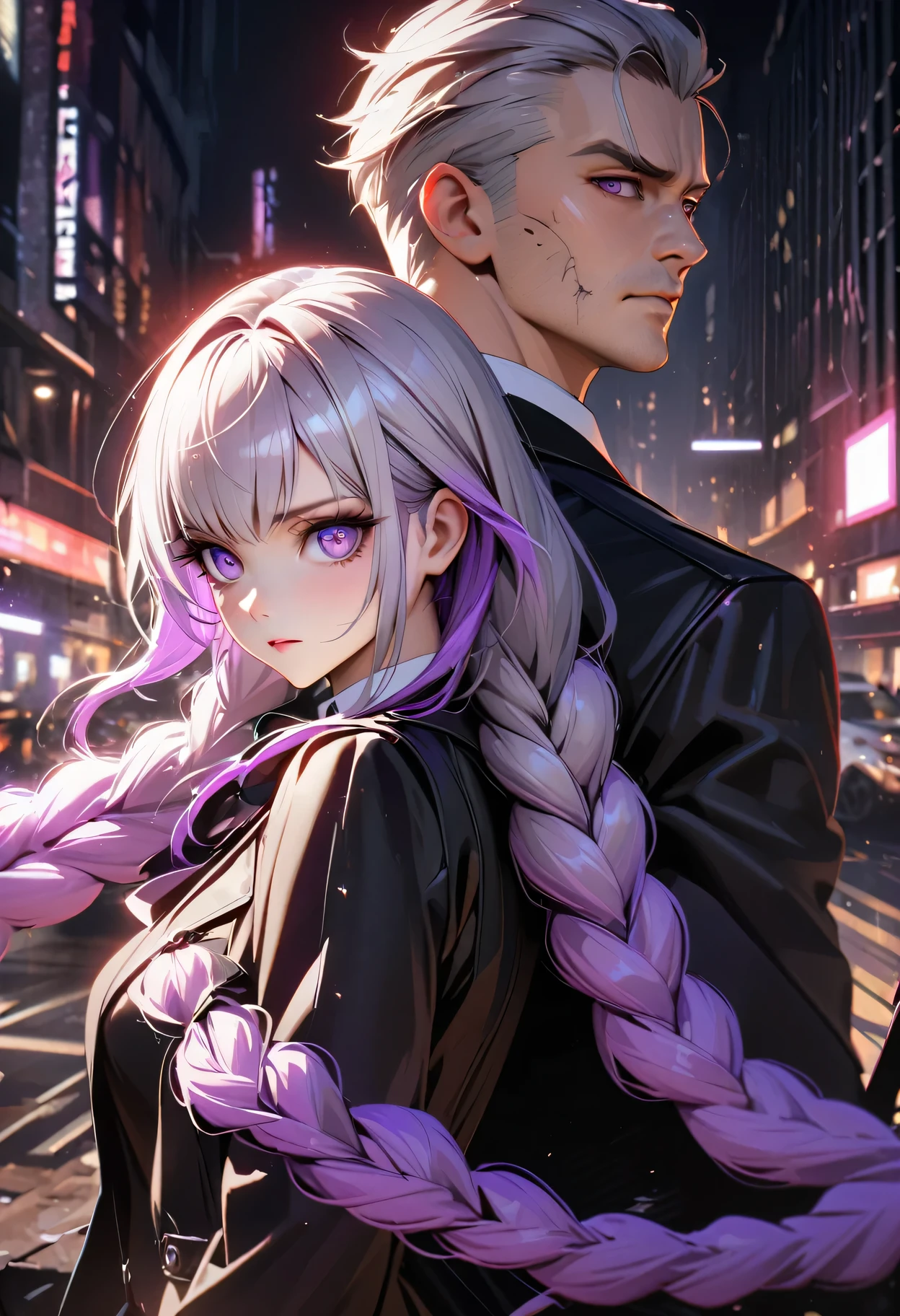 detailed portrait of two secret agent lovers, man and woman standing back-to-back looking at the viewer, yinji , purple hair,purple eyes,very long hair,grey hair,double braid,gradient hair, cinematic dramatic lighting, high contrast, cool color tones, detailed facial features, intense gaze, elegant classy attire, urban city background, gritty sci-fi atmosphere, masterpiece, 8k, photorealistic