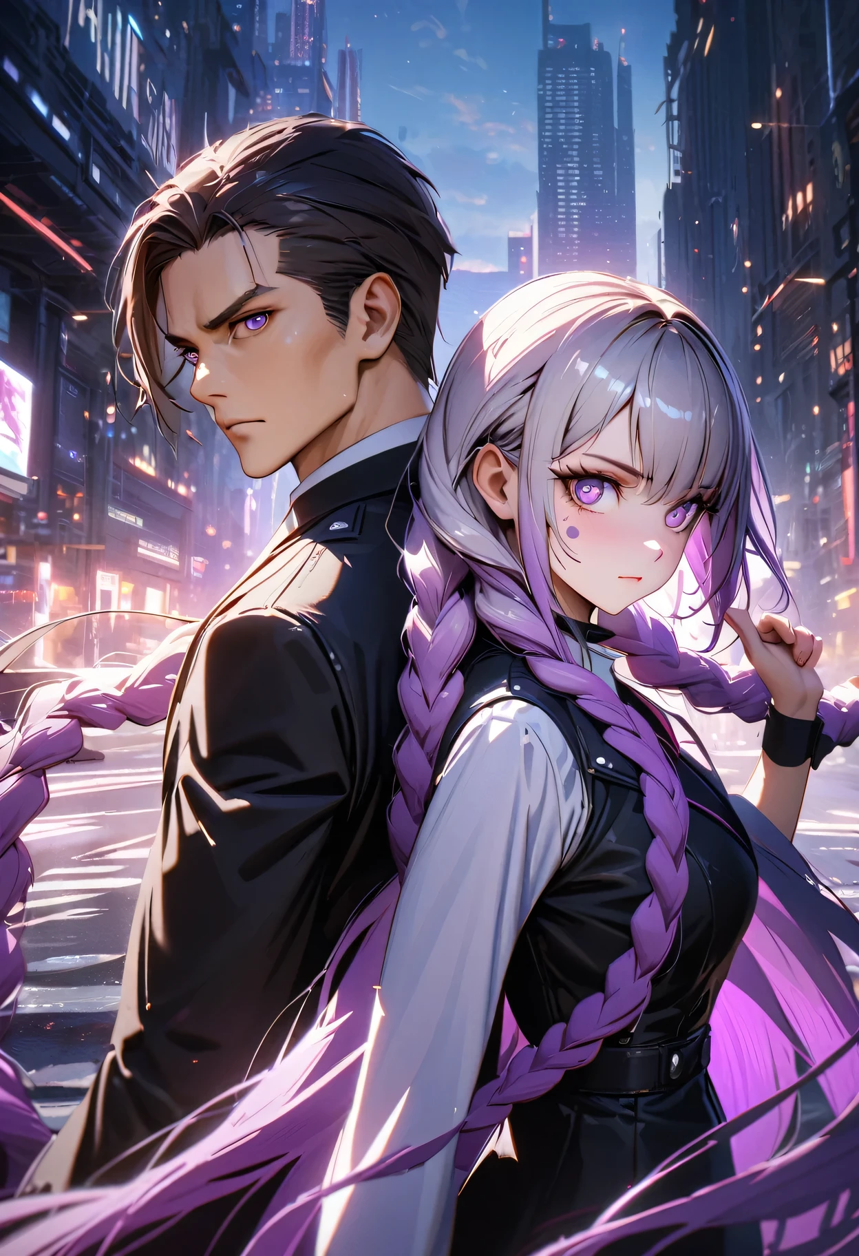 detailed portrait of two secret agent lovers, man and woman standing back-to-back looking at the viewer, yinji , purple hair,purple eyes,very long hair,grey hair,double braid,gradient hair, Pointing at the camera, cinematic dramatic lighting, high contrast, cool color tones, detailed facial features, intense gaze, elegant classy attire, urban city background, gritty sci-fi atmosphere, masterpiece, 8k, photorealistic