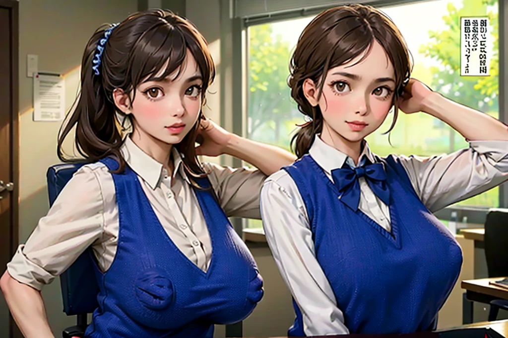 (1lady solo), sitting, office worker, ((navy vest:1.1) over gray sleeveless dress shirt), mature female, /(dark brown hair/), kind smile, (masterpiece best quality:1.2) delicate illustration ultra-detailed, sagging huge breasts, bowtie BREAK (modern office) indoors, (reception desk), (stylish company logo on wall) , detailed background, ((showing hairy armpit hair)), hand behind the head, zoom upper body, thick makeup