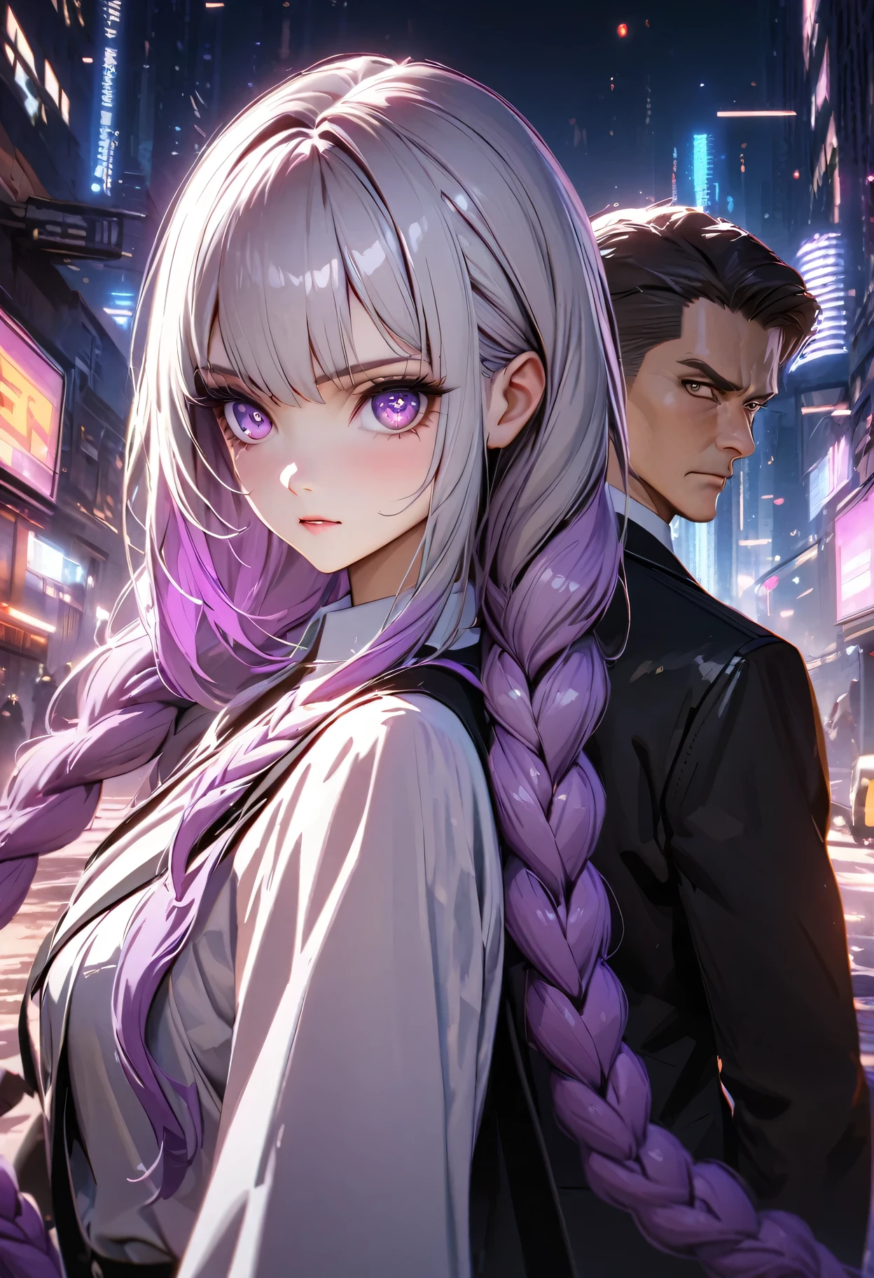 detailed portrait of two secret agent lovers, man and woman standing back-to-back looking at the viewer, yinji , purple hair,purple eyes,very long hair,grey hair,double braid,gradient hair, Pointing at the camera, cinematic dramatic lighting, high contrast, cool color tones, detailed facial features, intense gaze, elegant classy attire, urban city background, gritty sci-fi atmosphere, masterpiece, 8k, photorealistic