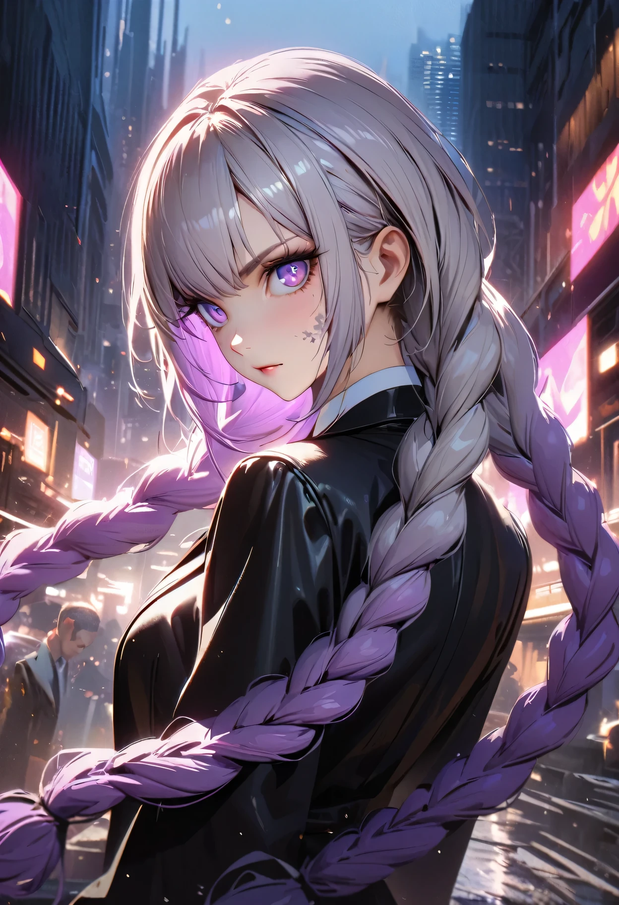 detailed portrait of two secret agent lovers, man and woman standing back-to-back looking at the viewer, yinji , purple hair,purple eyes,very long hair,grey hair,double braid,gradient hair, Pointing at the camera, cinematic dramatic lighting, high contrast, cool color tones, detailed facial features, intense gaze, elegant classy attire, urban city background, gritty sci-fi atmosphere, masterpiece, 8k, photorealistic