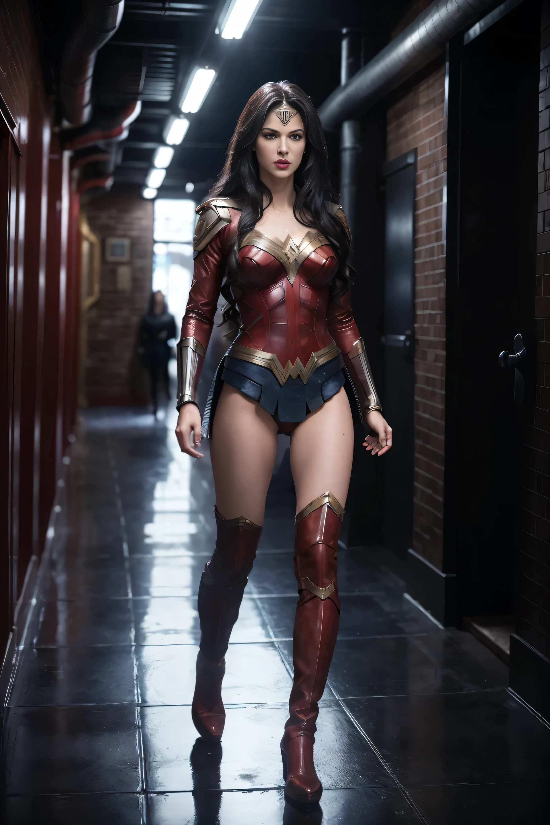 full body superheroine Wonder Woman, long black hair, bangs, parted bangs, furrowed brow, makeup,  brown eye, red lips, angry, red and blue leather suit of armor, tall leather boots, walking through a narrow corridor of a terrifying maze, twilight, dense fog , dirty floor with a startled expression Hyperrealism, depth of field, cinematic lighting, from side, 35mm, Eye-Level Shot, masterpiece, anatomically correct, 8k