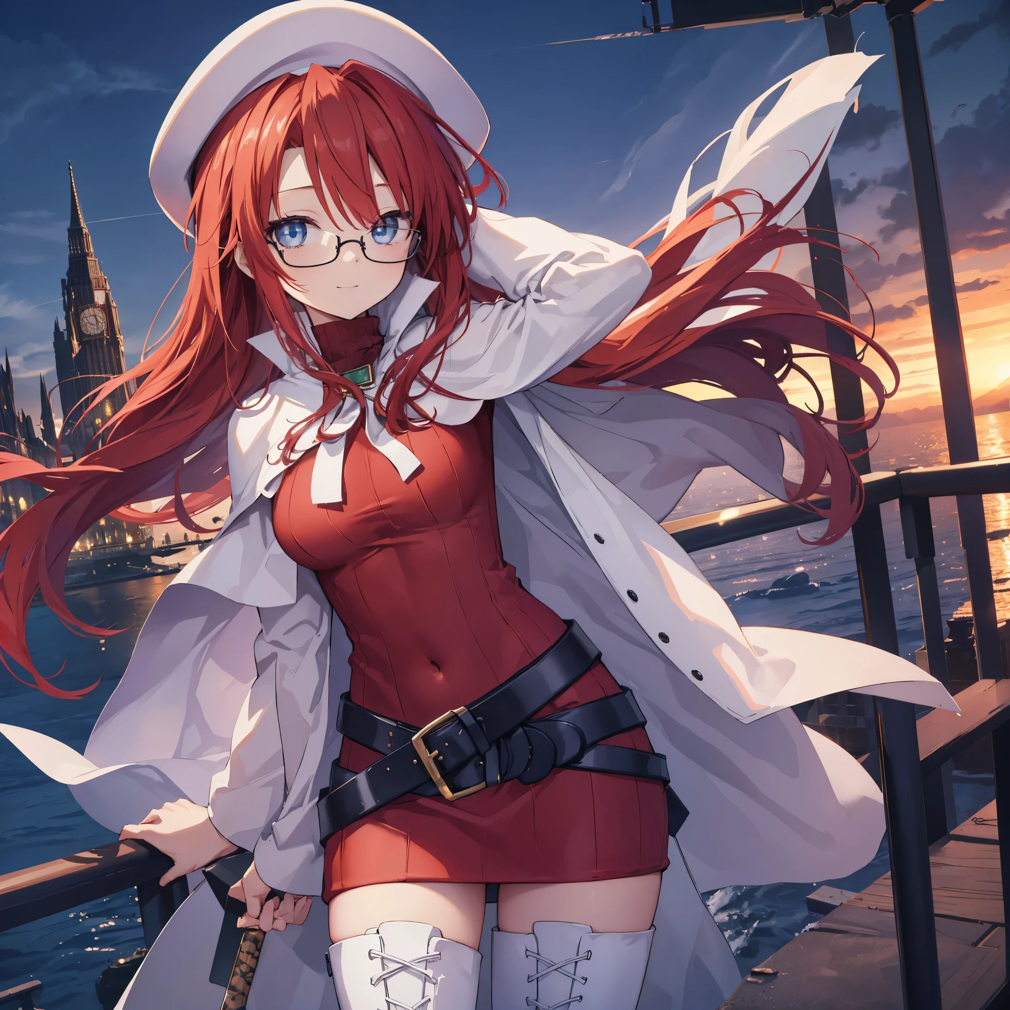 summonnightaty, aty, (young:1.3),long hair, blue eyes, red hair, large_beret, hat, glasses,
BREAK long hair, thighhighs, hat, dress, boots, glasses, belt, cape, sweater, zettai ryouiki, beret, thigh boots, white footwear, ribbed sweater, loose belt,solo,
BREAK outdoors, fantasy,on_the_ship,on_the_ship's_railing
,
BREAK (masterpiece:1.2), best quality, high resolution, unity 8k wallpaper, (illustration:0.8), (beautiful detailed eyes:1.6), extremely detailed face, perfect lighting, extremely detailed CG, (perfect hands, perfect anatomy),covered_nipples,covered_navel,light_smile ,(half_eyes:1.4),long_sword,armpit,sleepy,dynamic_fighting_pose,barrel,red_sweater,apart_legs,magical_effect,spread_legs, have_a_book,teacher,rise_knee,kind_face