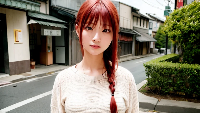 (8k, RAW photo, masterpiece, best quality, realistic:1.4), makima \(chainsaw man\), (red hair)+(long braided hair)+(bangs), yellow eyes, golden eyes, (ringed eyes), ((asian)), tied up bangs, stare, (light_smile:1.2), natural_makeup, ((Authentic skin texture, shiny skin, real human skin:1.0)), (((Authentic and detailed face:1.0))), cowboy_shot, walking, flat chest, ((18 years old)), (japanese actress), outdoors, sunlight, busy street, blurry_background, letterboxed,
