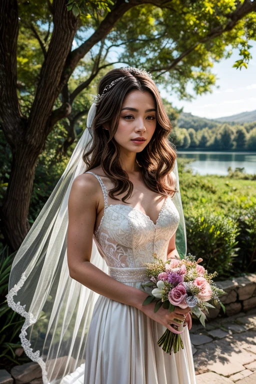 Scene Setting:
- Time: A sunny day in June
- Location: Beautiful natural setting (e.g., a quiet forest, a green meadow, by the lakeside)
Bride's Posture and Attire:
- Attire: Traditional and elegant wedding dress
- Posture: Quiet and slightly melancholic; sitting under a tree, standing by the lakeside, or walking through a flower-filled meadow
Expression and Gestures:
- Expression: Reflective and slightly sad; gazing into the distance or looking down
- Gestures: Subtle; covering her face with one hand, gently holding the hem of her dress
Environmental Details:
- Surroundings: The beauty of June's nature; blooming flowers, lush greenery, calm lake
- Additional Elements: Flower petals blowing in the wind, soft sunlight filtering through trees
Background and Atmosphere:
- Background: Expansive scenery and natural beauty enhancing the bride's sense of solitude
- Atmosphere: A mix of tranquility and beauty with a melancholic touch
Lighting and Composition:
- Lighting: Natural light, with soft light gently illuminating the bride's dress and face
- Composition: Bride centered, with the beautiful landscape spreading out in the background
Accessories and Additional Elements:
- Accessories: A simple bouquet in the bride's hands, symbolizing her loneliness
- Additional Elements: Veil blowing in the wind, scattered flower petals at her feet
Facial Features and Makeup:
- Beauty Style: Natural and beautiful facial features; makeup is subtle, enhancing her natural beauty
- Hair: Soft waves, styled in a half-up or loosely gathered manner
