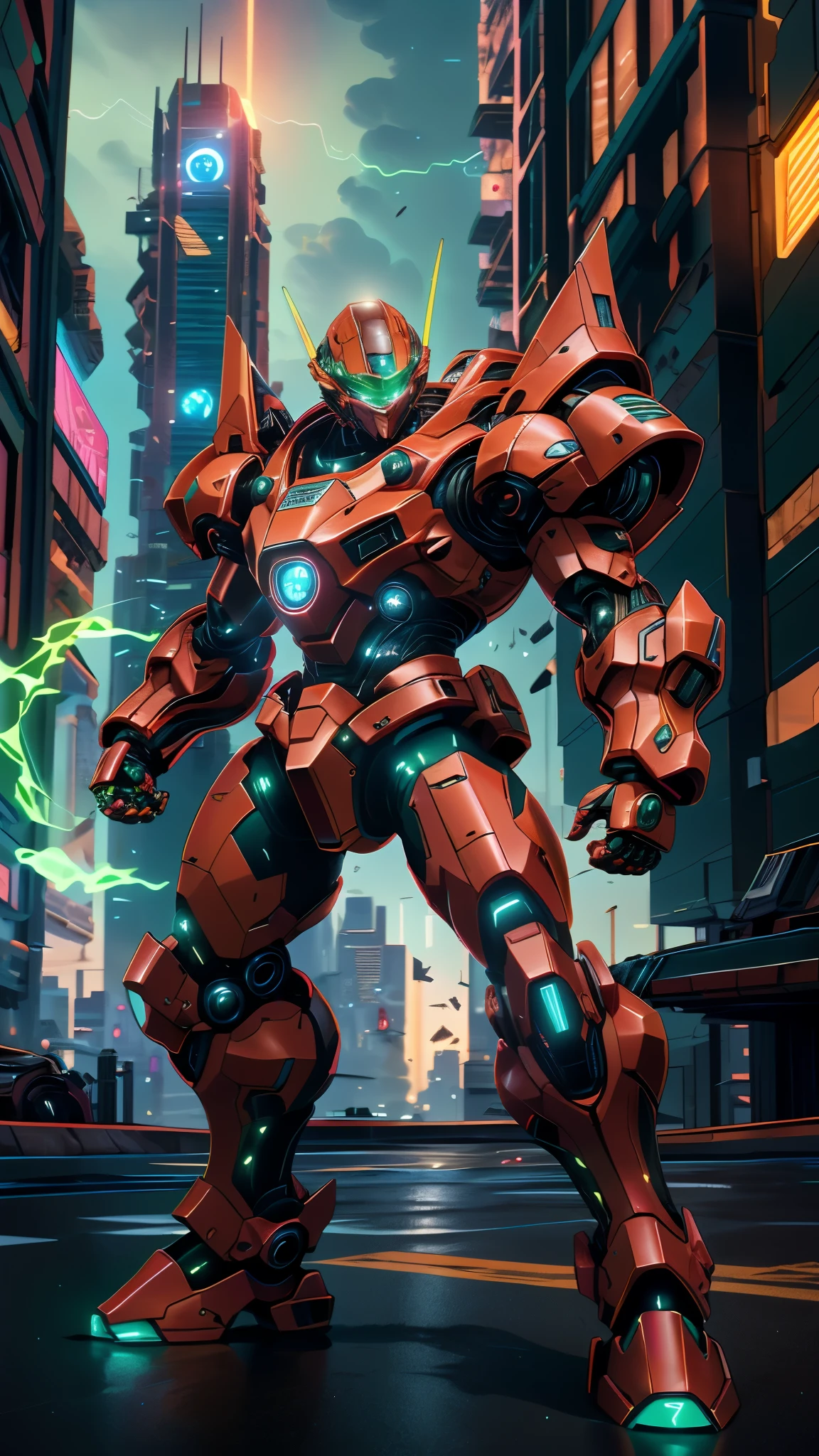 A man wearing a full-face helmet, a fantasy-style biotech armored combat suit, green eyes, (a composite layered chest armor), fully enclosed shoulder guards, matching arm and leg guards, the belt is adorned with exhaust pipes, (the color scheme is primarily black glow with green and red accents), the design balances heavy with agility, a high-tech bio-mecha armor, (Armor Concept Inspired by Cyberpunk motorcycle, stand on the top of a skyscraper in a futuristic sci-fi city), this character embodies a finely crafted fantasy-surreal style armored hero in anime style, exquisite and mature manga art style, (battle damage, element, plasma, energy, the armor glows), ((male:1.5)), metallic, real texture material, dramatic, high definition, best quality, highres, ultra-detailed, ultra-fine painting, extremely delicate, professional, perfect body proportions, golden ratio, anatomically correct, symmetrical face, extremely detailed eyes and face, high quality eyes, creativity, RAW photo, UHD, 32k, Natural light, cinematic lighting, masterpiece-anatomy-perfect, masterpiece:1.5