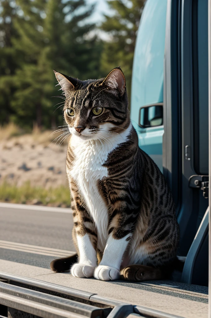 A cat driving a truck by highway. 