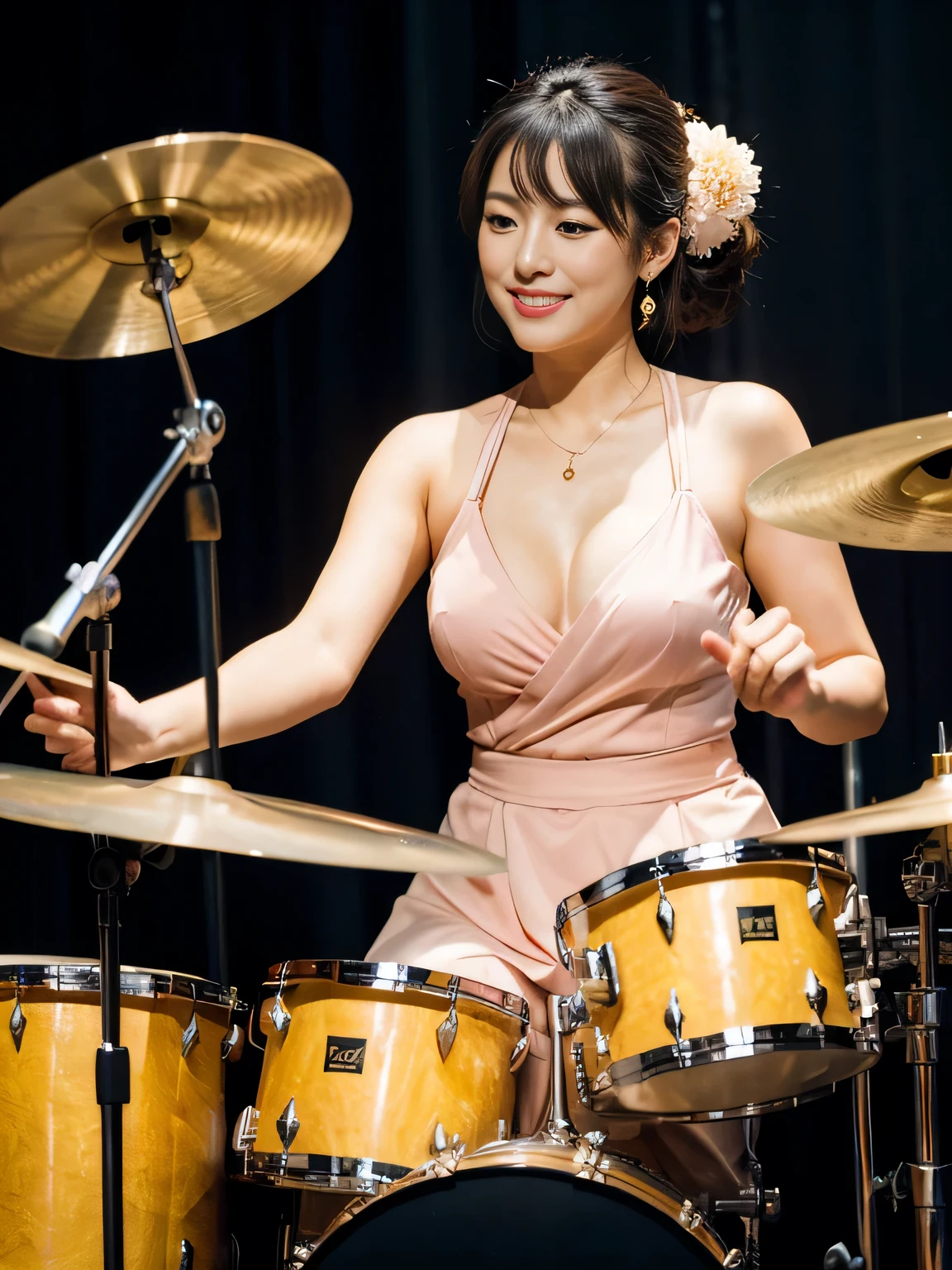 (masterpiece,high resolution,high quality)、Beautiful and realistic Japanese figures、Beautiful Woman、Jazz Drummer、drum、Performance、