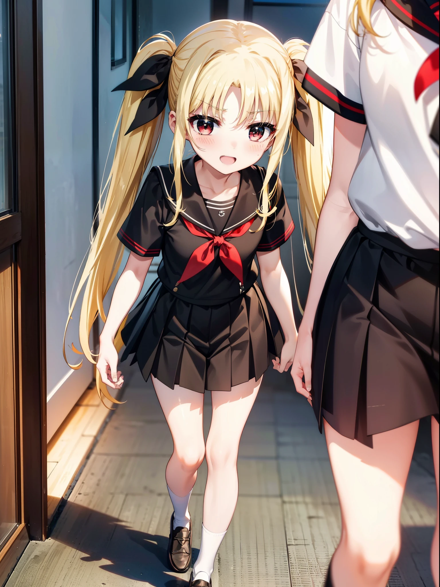 Face Testarossa, Build a Testarossa, Long Hair, Blonde Hair, (Red eyes:1.3),  Hair Ribbon,Twin tails,blush,happy smile, smile, Open your mouth,Japan High School Girl(Black sailor suit),Short sleeve,Black pleated skirt,White pantyhose,Brown loafers,Walking,So that the whole body goes into the illustration,Daytime,Clear skies,
break looking at viewer,全身
break indoors,School,corridor,
break (masterpiece:1.2), highest quality, High resolution, unity 8k wallpaper, (figure:0.8), (Beautiful fine details:1.6), Highly detailed face, Perfect lighting, Highly detailed CG, (Perfect hands, Perfect Anatomy),