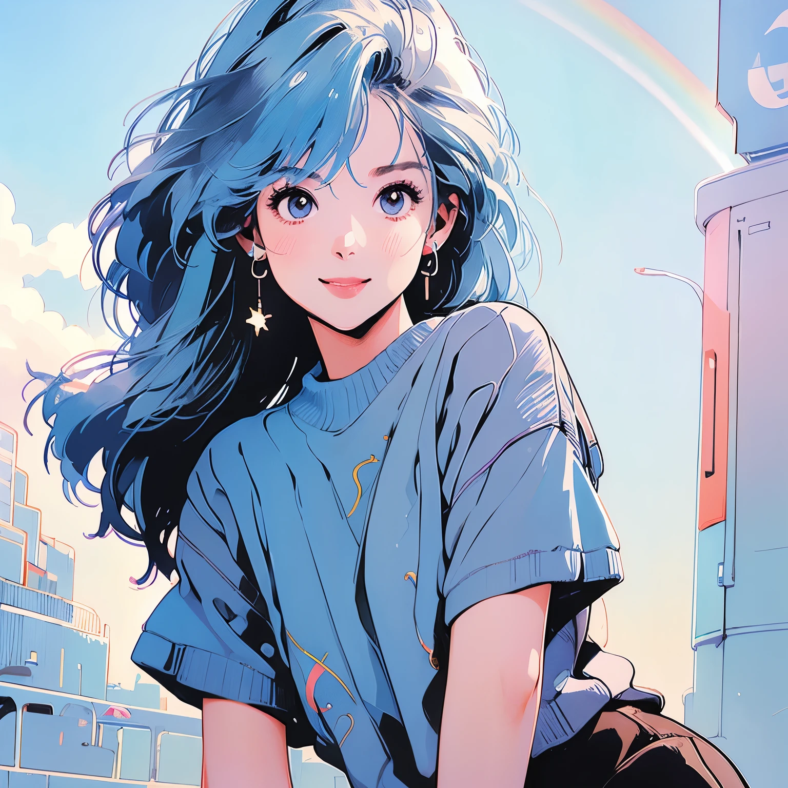 whole body、Upper Body、Beauty、1 female、4k、Short sleeve sweater、pedestrian crossing、Signal 、intersection、Complex background、Detailed Hair、smile、Transparent light blue hair、Faint lighting、Rainbow in the sky