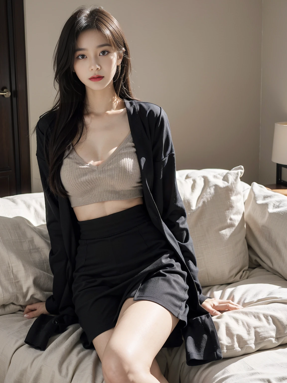 Wear a loose shirt with a deep V neck,Paired with a black A-line skirt,Distract attention from your abdomen。
Choose a mid-length coat with a draped feel,Wear a slim-fitting base shirt and high-waisted shorts,Covers the abdomen and makes the legs look longer。
