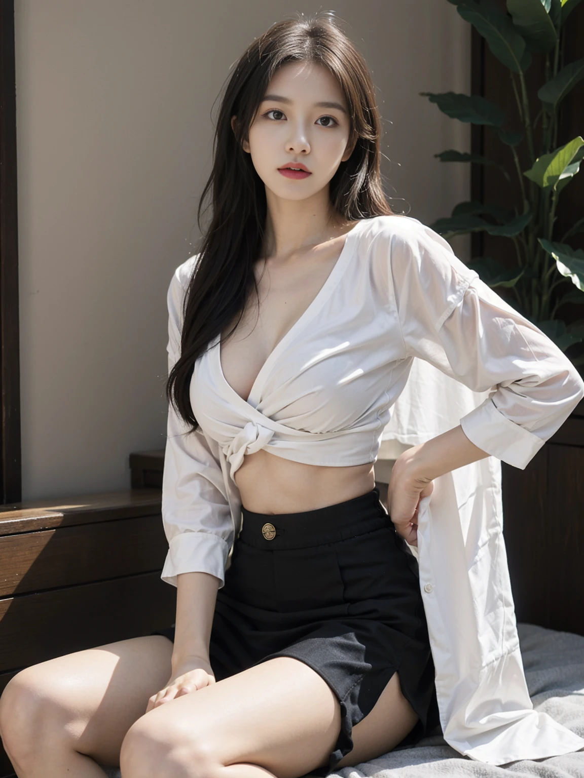 Wear a loose shirt with a deep V neck，Paired with a black A-line skirt，Distract attention from your abdomen。
Choose a mid-length coat with a draped feel，Wear a slim-fitting base shirt and high-waisted shorts，Covers the abdomen and makes the legs look longer。