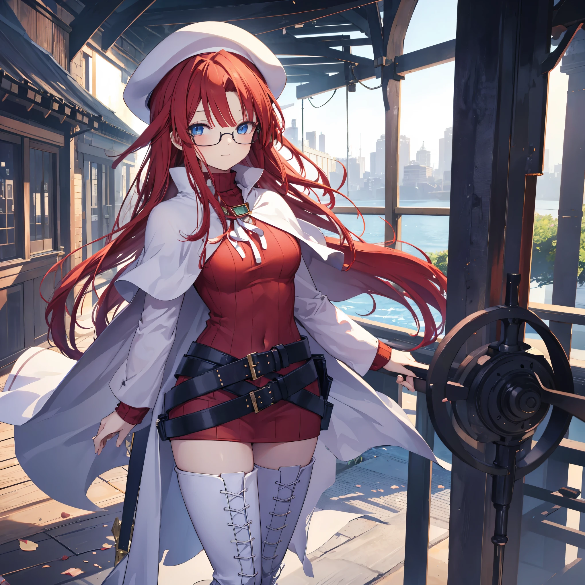 summonnightaty, aty, (young:1.3),long hair, blue eyes, red hair, large_beret, hat, glasses,
BREAK long hair, thighhighs, hat, dress, boots, glasses, belt, cape, sweater, zettai ryouiki, beret, thigh boots, white footwear, ribbed sweater, loose belt,solo,
BREAK outdoors, fantasy,on_the_ship,on_the_ship's_railing
,
BREAK (masterpiece:1.2), best quality, high resolution, unity 8k wallpaper, (illustration:0.8), (beautiful detailed eyes:1.6), extremely detailed face, perfect lighting, extremely detailed CG, (perfect hands, perfect ???????),covered_nipples,covered_navel,light_smile ,(half_eyes:1.4),long_sword,armpit,sleepy,dynamic_fighting_pose,barrel,red_sweater,apart_legs,magical_effect,spread_legs, have_a_book,teacher,rise_knee,kind_face