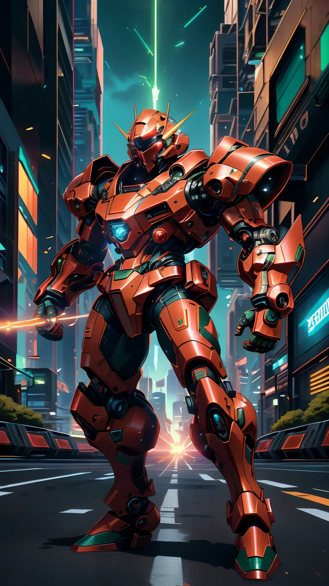 A man wearing a full-face helmet, a fantasy-style biotech armored combat suit, green eyes, (a composite layered chest armor), fully enclosed shoulder guards, matching arm and leg guards, the belt is adorned with exhaust pipes, (the color scheme is primarily black glow with green and red accents), the design balances heavy with agility, a high-tech bio-mecha armor, (Armor Concept Inspired by Cyberpunk motorcycle, stand on the top of a skyscraper in a futuristic sci-fi city), this character embodies a finely crafted fantasy-surreal style armored hero in anime style, exquisite and mature manga art style, (battle damage, element, plasma, energy, the armor glows), ((male:1.5)), metallic, real texture material, dramatic, high definition, best quality, highres, ultra-detailed, ultra-fine painting, extremely delicate, professional, perfect body proportions, golden ratio, anatomically correct, symmetrical face, extremely detailed eyes and face, high quality eyes, creativity, RAW photo, UHD, 32k, Natural light, cinematic lighting, masterpiece-anatomy-perfect, masterpiece:1.5