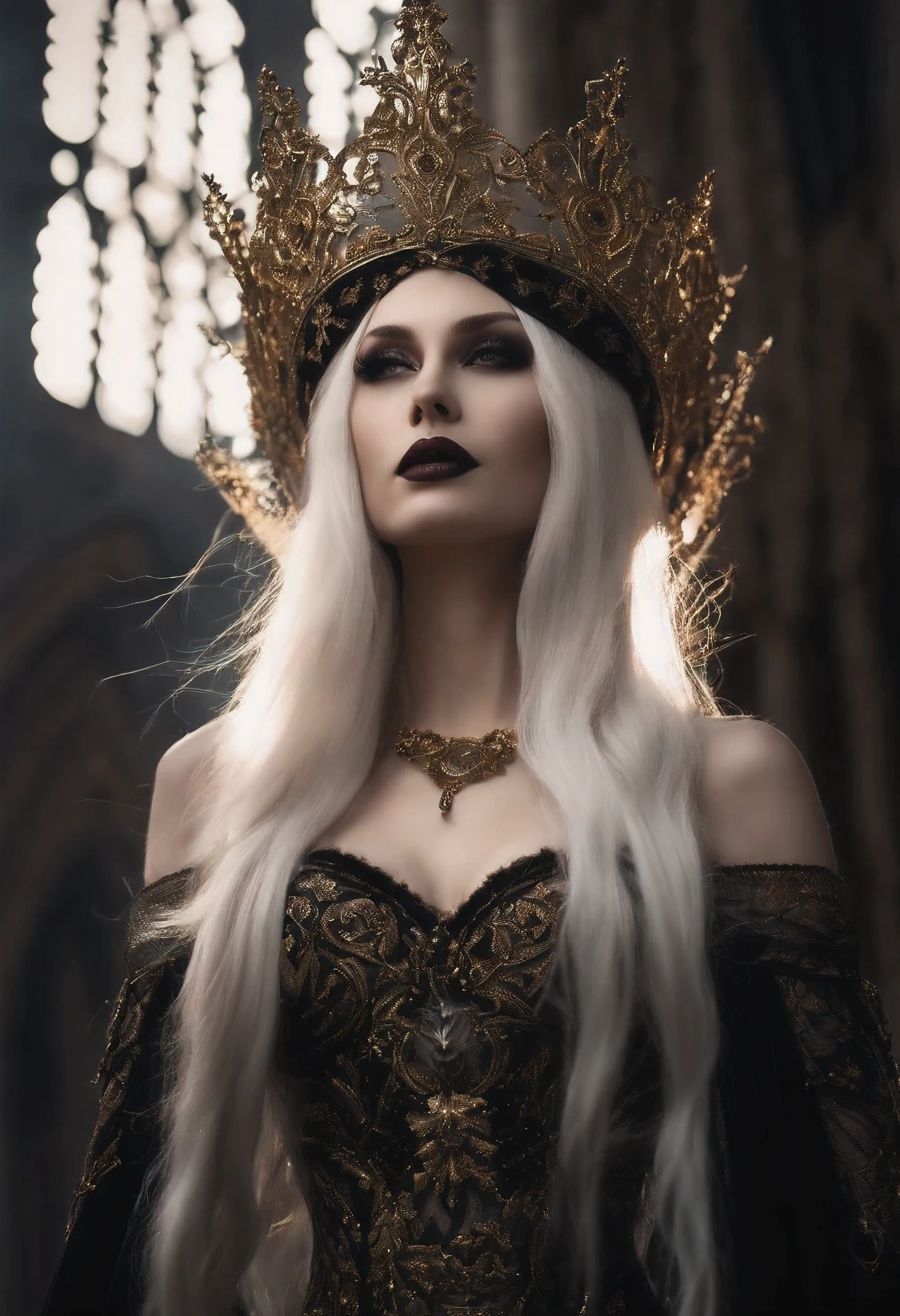 Stunning vampire girl with long straight bright white hair stands in front of an ancient gothic cathedral, her sharp cheekbones and perfect pale skin are illuminated by the moonlight, intense and alluring, detailed smoky eye makeup, captivating vampire eyes, lush voluminous eyelashes, in a short black dress with gold chains,
black, Like night, crowned as goddess of darkness, surrounded by gothic details, gold and silver accents, realistic high resolution photo, 4K.