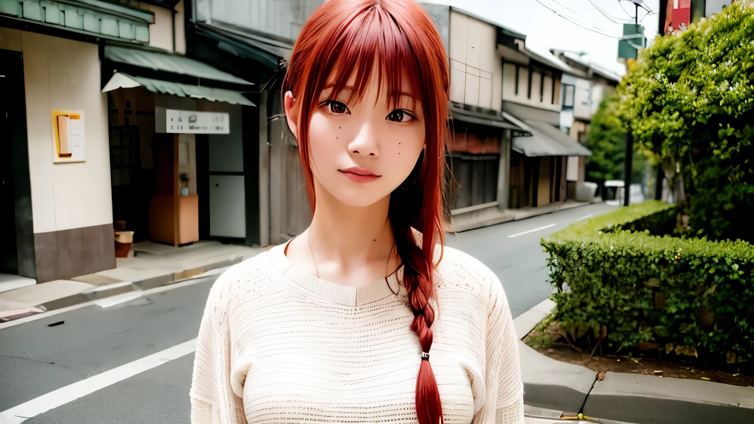 (8k, RAW photo, masterpiece, best quality, realistic:1.4), makima \(chainsaw man\), (red hair)+(long braided hair)+(bangs), yellow eyes, golden eyes, (ringed eyes), ((asian)), tied up bangs, stare, (light_smile:1.2), natural_makeup, ((Authentic skin texture, shiny skin, real human skin:1.0)), (((Authentic and detailed face:1.0))), cowboy_shot, walking, flat chest, ((18 years old)), (japanese actress), outdoors, sunlight, busy street, blurry_background, letterboxed,