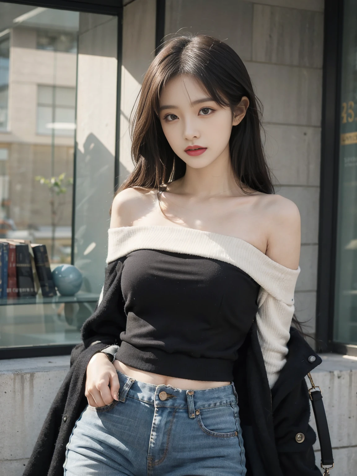 You can wear a tight-fitting top with off-the-shoulder design，Pair with a pair of straight jeans，Highlight upper body advantages。
Long black coat with slim black dress，Weakens hip and thigh lines。