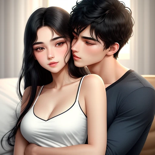 Man and woman, at bedroom, aggressive kissing kiss, Man Hugging woman from back and kissing, Lovers. Hand on the waist. Hand on the neck. Hand on the face.
20-year-old boy and 18-year-old girl. cute, sunny, warm vibes, Handsome-cool-warm-boy with black hair and hot-seductive-sexy-cute-beautiful-girl with black hair and blushing face. Intimate vibes. Detailed face, Detailed eyes, double eyelid,