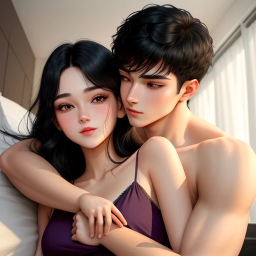 Man and woman, at bedroom, aggressive kissing kiss, Man Hugging woman from back and kissing, Lovers. Hand on the waist. Hand on the neck. Hand on the face. 
20-year-old boy and 18-year-old girl. cute, sunny, warm vibes, Handsome-cool-warm-boy with black hair and hot-seductive-sexy-cute-beautiful-girl with black hair and blushing face. Intimate vibes. Detailed face, Detailed eyes, double eyelid, 