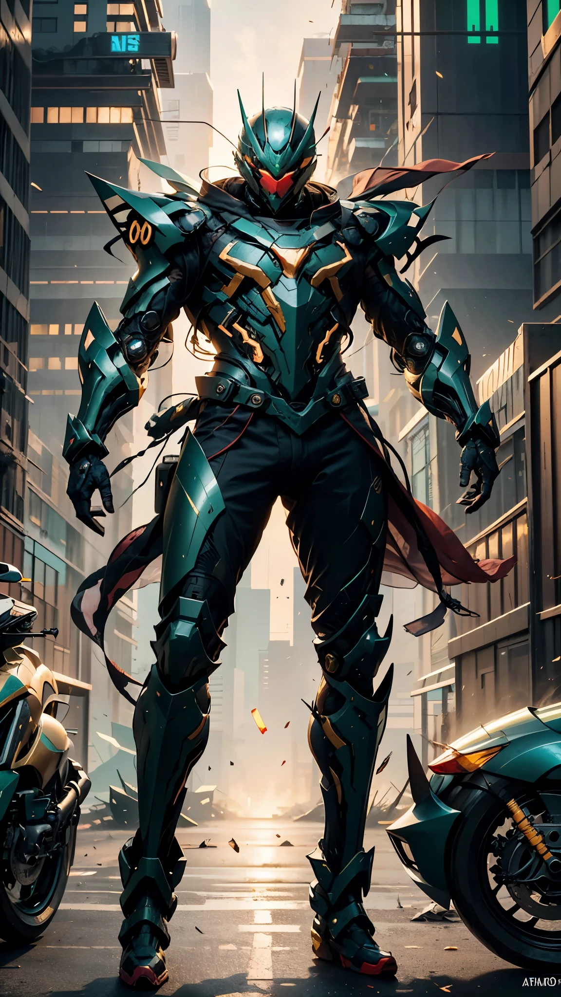 A man wearing a full-face helmet, a fantasy-style biotech armored combat suit, green eyes, (a composite layered chest armor), fully enclosed shoulder guards, matching arm and leg guards, the belt is adorned with exhaust pipes, (the color scheme is primarily black glow with green and red accents), the design balances heavy with agility, a high-tech bio-mecha armor, (Armor Concept Inspired by Cyberpunk motorcycle, stand on the top of a skyscraper in a futuristic sci-fi city), this character embodies a finely crafted fantasy-surreal style armored hero in anime style, exquisite and mature manga art style, (battle damage, element, plasma, energy, the armor glows), ((male:1.5)), metallic, real texture material, dramatic, high definition, best quality, highres, ultra-detailed, ultra-fine painting, extremely delicate, professional, perfect body proportions, golden ratio, anatomically correct, symmetrical face, extremely detailed eyes and face, high quality eyes, creativity, RAW photo, UHD, 32k, Natural light, cinematic lighting, masterpiece-anatomy-perfect, masterpiece:1.5