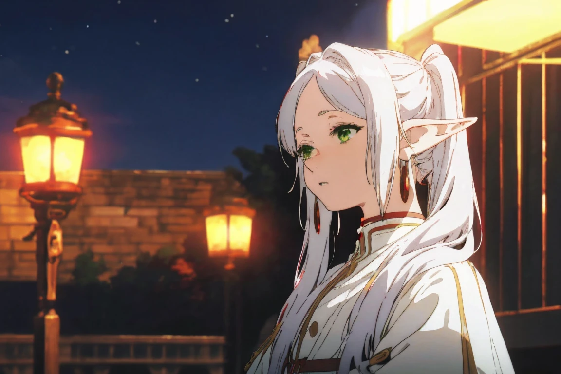 One girl，Further details，White hair,Twin tails,Red earrings,White clothing，Elf Ears，head with long hair，Green Eyes,、Beautiful background,night，Cold-hearted,magic