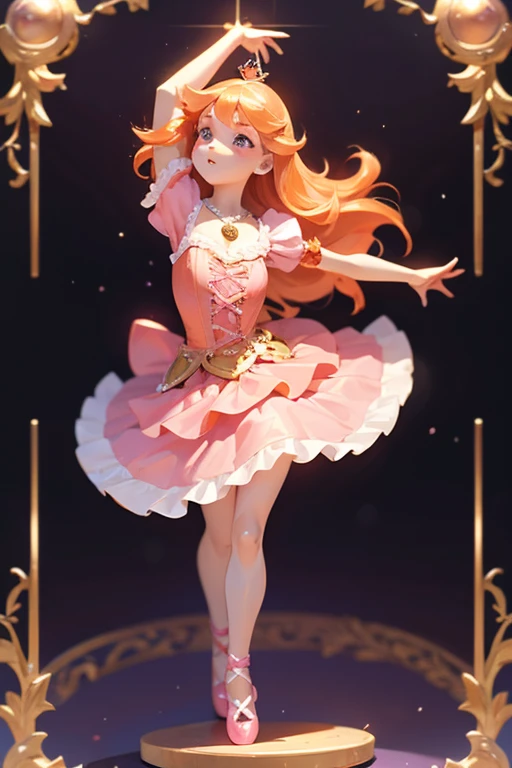 Pretty girl, long orange hair, ballerina pose, dancing, pink tutu, doll girl on a music box locket. full body perspective, white bodice, purple skirt, doll joints, dancing on a pocket mirror, dancing on a music box, on pointe, mini ballerina doll dancing on a music box