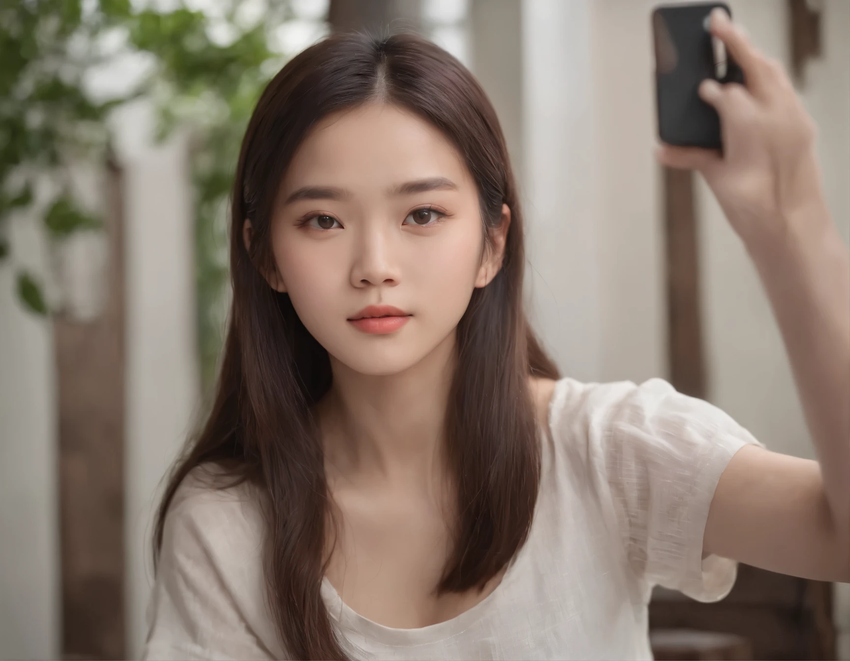 an extremely beautiful chinese teenage girl with long hair, wearing singlet black, taking selfie, photo realistic, instagram profile picture, front view,shot on a Canon EOS R5 at F2, ISO100 and 135mm, with natural light and professional color grading, In the style of ELLE Fashion magazine style