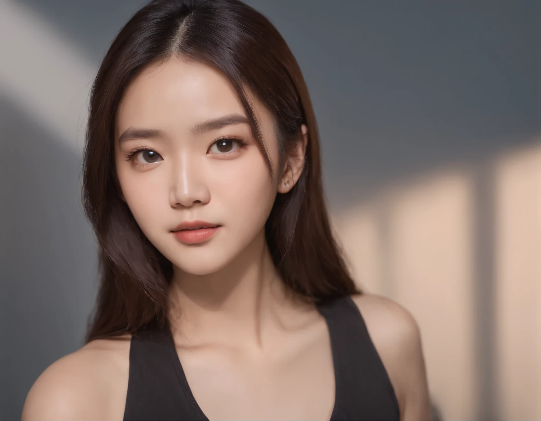 an extremely beautiful chinese teenage girl with long hair, wearing singlet black, taking selfie, photo realistic, instagram profile picture, front view,shot on a Canon EOS R5 at F2, ISO100 and 135mm, with natural light and professional color grading, In the style of ELLE Fashion magazine style