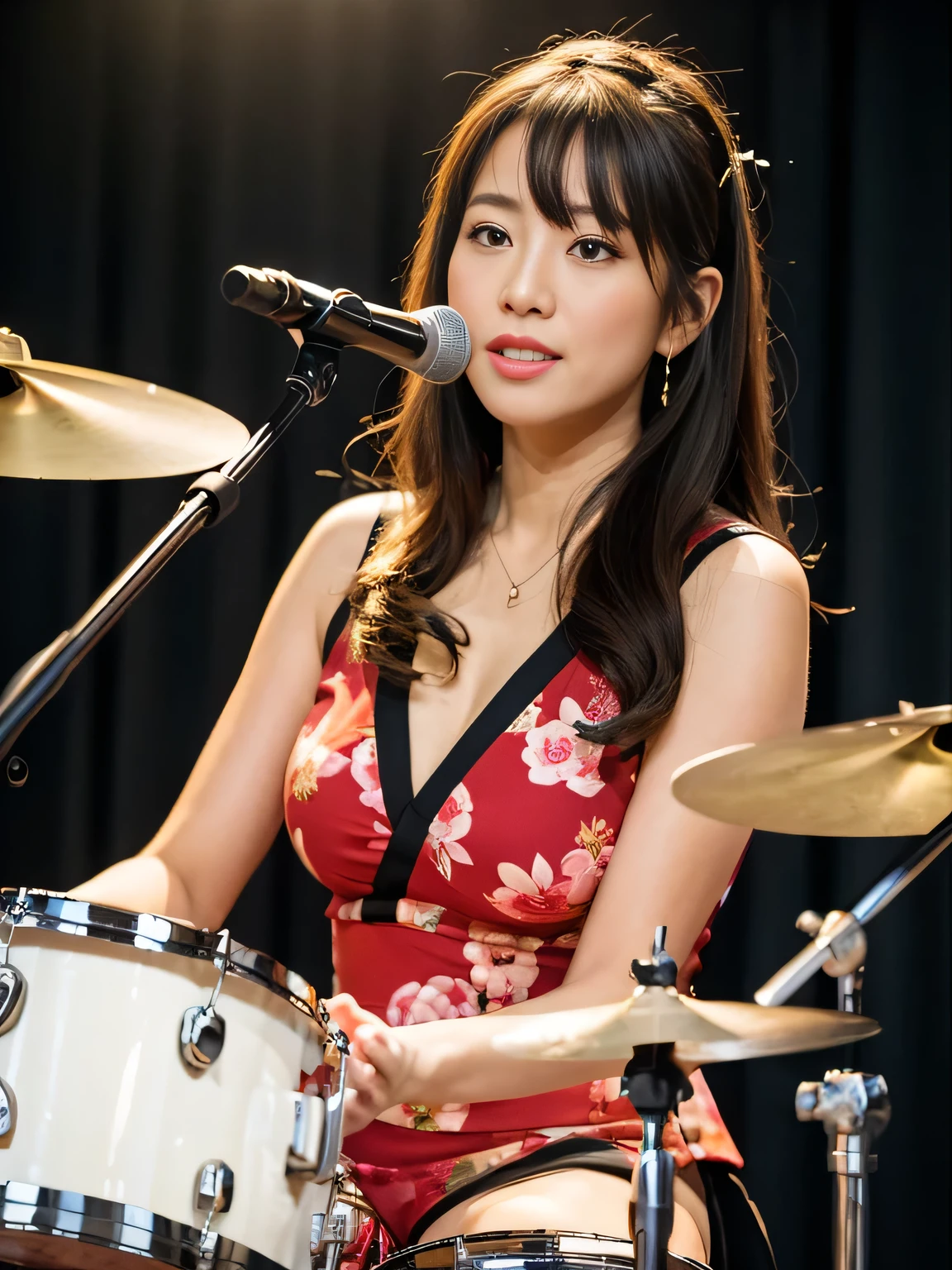 (masterpiece,high resolution,high quality)、Beautiful and realistic Japanese figures、Beautiful Woman、Jazz Drummer、drum、Performance、holding a drum stick、
