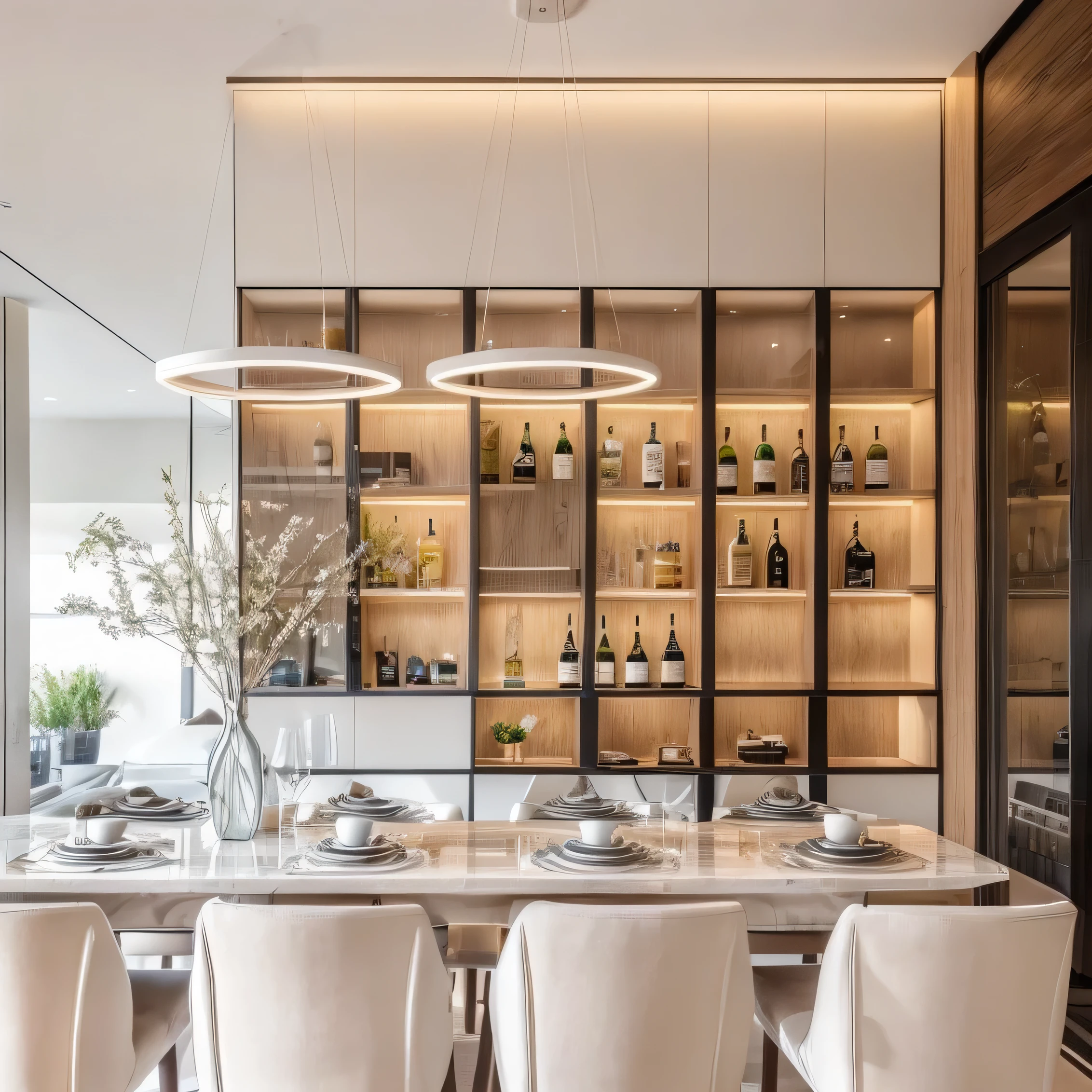 A well-designed contemporary dining room with a wooden table, comfortable chairs, a modern wine cabinet with a glass door and wine insight, garden background, sunlight streaming through large windows, warm lighting, minimalist decor, white marble floors, abstract artwork on the walls, potted plants, cozy atmosphere.