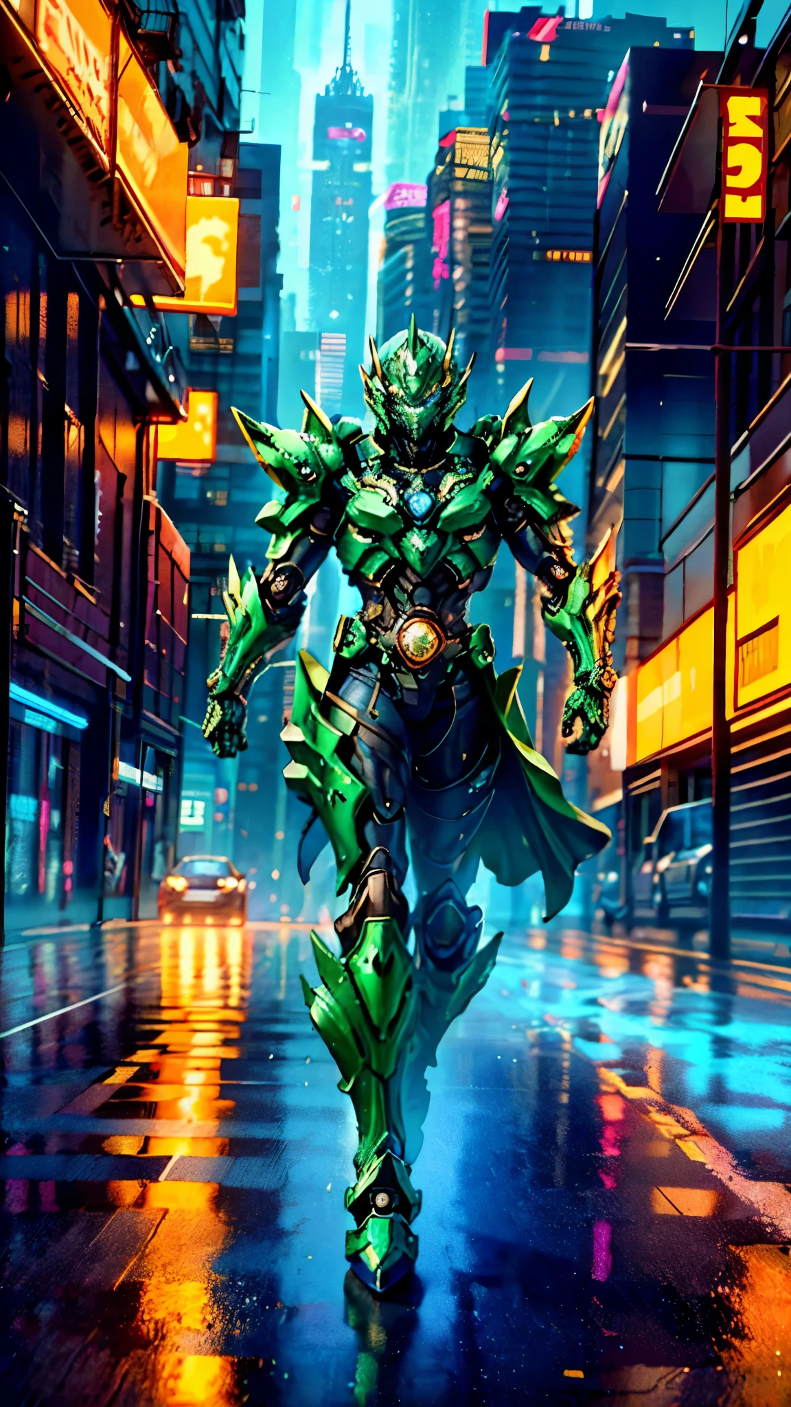 A man wearing a full-face helmet, a fantasy-style biotech armored combat suit, green eyes, (a composite layered chest armor), fully enclosed shoulder guards, matching arm and leg guards, the belt is adorned with exhaust pipes, (the color scheme is primarily black glow with green and red accents), the design balances heavy with agility, a high-tech bio-mecha armor, (Armor Concept Inspired by Cyberpunk motorcycle, stand on the top of a skyscraper in a futuristic sci-fi city), this character embodies a finely crafted fantasy-surreal style armored hero in anime style, exquisite and mature manga art style, (battle damage, element, plasma, energy, the armor glows), ((male:1.5)), metallic, real texture material, dramatic, high definition, best quality, highres, ultra-detailed, ultra-fine painting, extremely delicate, professional, perfect body proportions, golden ratio, anatomically correct, symmetrical face, extremely detailed eyes and face, high quality eyes, creativity, RAW photo, UHD, 32k, Natural light, cinematic lighting, masterpiece-anatomy-perfect, masterpiece:1.5