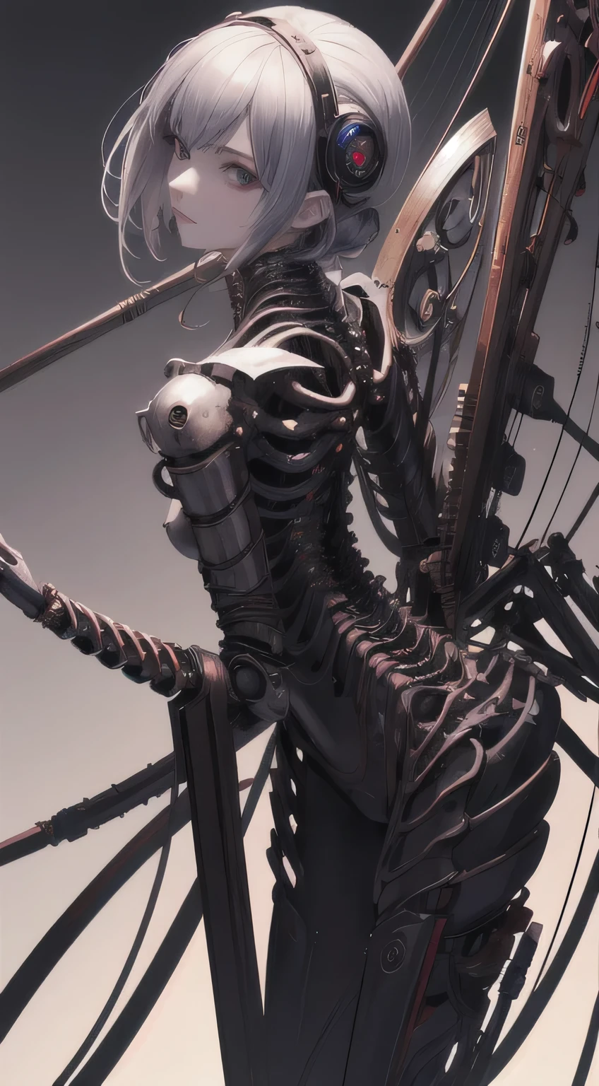 (((masterpiece))), ((highest quality)), (Very detailed), (CG illustration), (So evil and beautiful)), Cinematic Light, ((1. Mechanical Girl)), single, (Mechanical Arts: 1.4), ((Mechanical Limbs)), (Blood vessel attached to a tube), ((Mechanical spine attached to the back)), ((Mechanical cervical spine attached to the neck), (Back to viewers)), Expressionless, ( Wires and cables connected to the head and torso: 1.5), sf, Apocalypse, What'Left behind, (Lower body integrated with mechanical device), (Blood: 1.5), Cruelty, Confused, eroticism, Integration with machines, The End Times, Super Future, inorganic, Research Room, constrained, (Beautiful luxury: 1.2), (1 girl: 1.3), Body wrapped around the tentacles of the machine、The lower body is mechanical