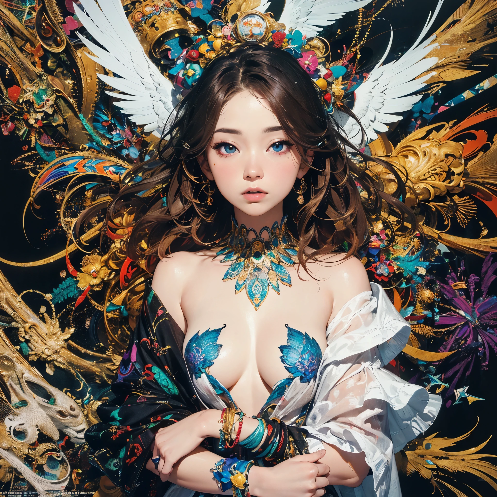 (((Official Art, unity 8k wallpaper, Very detailed, beautifully、aesthetic, masterpiece, highest quality))), (zenTangle, Mandala, Tangle, enTangle), ((Fractal Art:1.3)) , (((One perfect girl))), (Very detailedな裸), Dynamic Angle, Cowboy Shot, The most beautiful form of chaos, elegant, Brutal Designer, Bright colors, Romanticism, James Jean, Robbie Dowie Anton, Ross Tran, Francis Bacon, Michael Mraz, Petra Cortright, Gerhard Richter,Ashley Wood, Ecstasy,mysterious,glossy,wonderful,Almost naked,flashy,Colorful,Transparent blouse,rainbow,mysterious,((Mr.々Angle,Provocative look)),