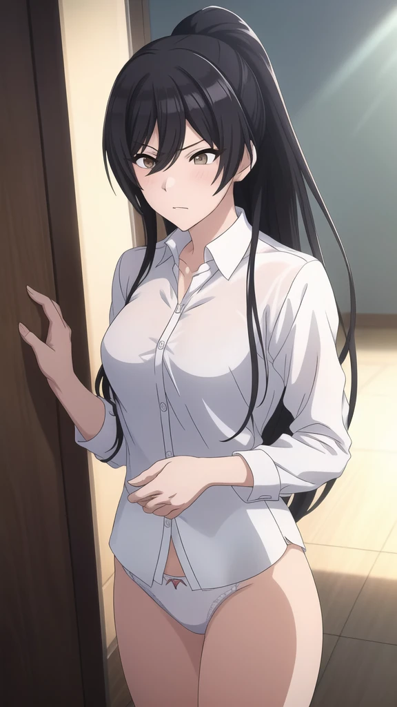 masterpiece, high quality, 8k, Beautiful lighting,sunny day,1girl,Sakuya Shirase, {{{{{pov,nsfw:1.9}}}}}, {{{{{(nude)}}}}},,,((medium breasts)),,(((white panties))),(slender body),,squinting,((((white shirt)))),((())),,(close up),blush:0.9, gold eyes, black hair, ponytail hair