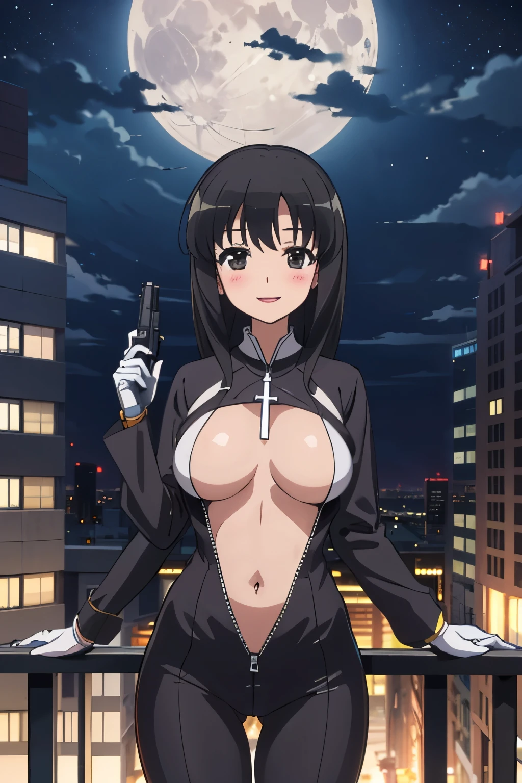 solo, 1girl, 2D, anime, anime coloring,  kasumi iwato, masterpiece, best quality, highly detailed, cross necklace, bodysuit, unzip zipper, navel cutout, exposed
navel, exposed bellybutton, , cleavage, long sleeves, black gloves, smile, ,, holding a gun, handgun,
pistol, , outdoors, rooftop, cityscape, building, railing, night, night sky, scenery, moon, city lights, blush,
lipstick