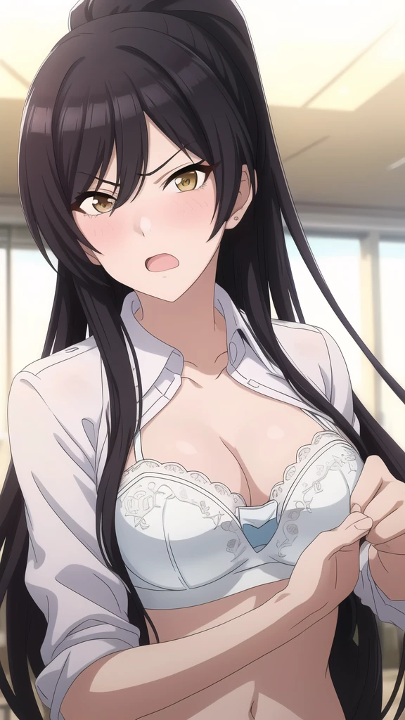 masterpiece, high quality, 8k, Beautiful lighting,sunny day, 1 girl, alone, ,((Open your mouth:1.1)), ,,((Detailed white bra:1.3)),(Open front school uniform）,（（Yellow Eyes））,（（close up:1.5））,,, ((Upper Body)),,,Detailed face,((Mid-chest)),(Cleavage),((squinting)),　Yellow Eyes, ((blush)),　shirase sakuya　,　ponytail,　View your viewers