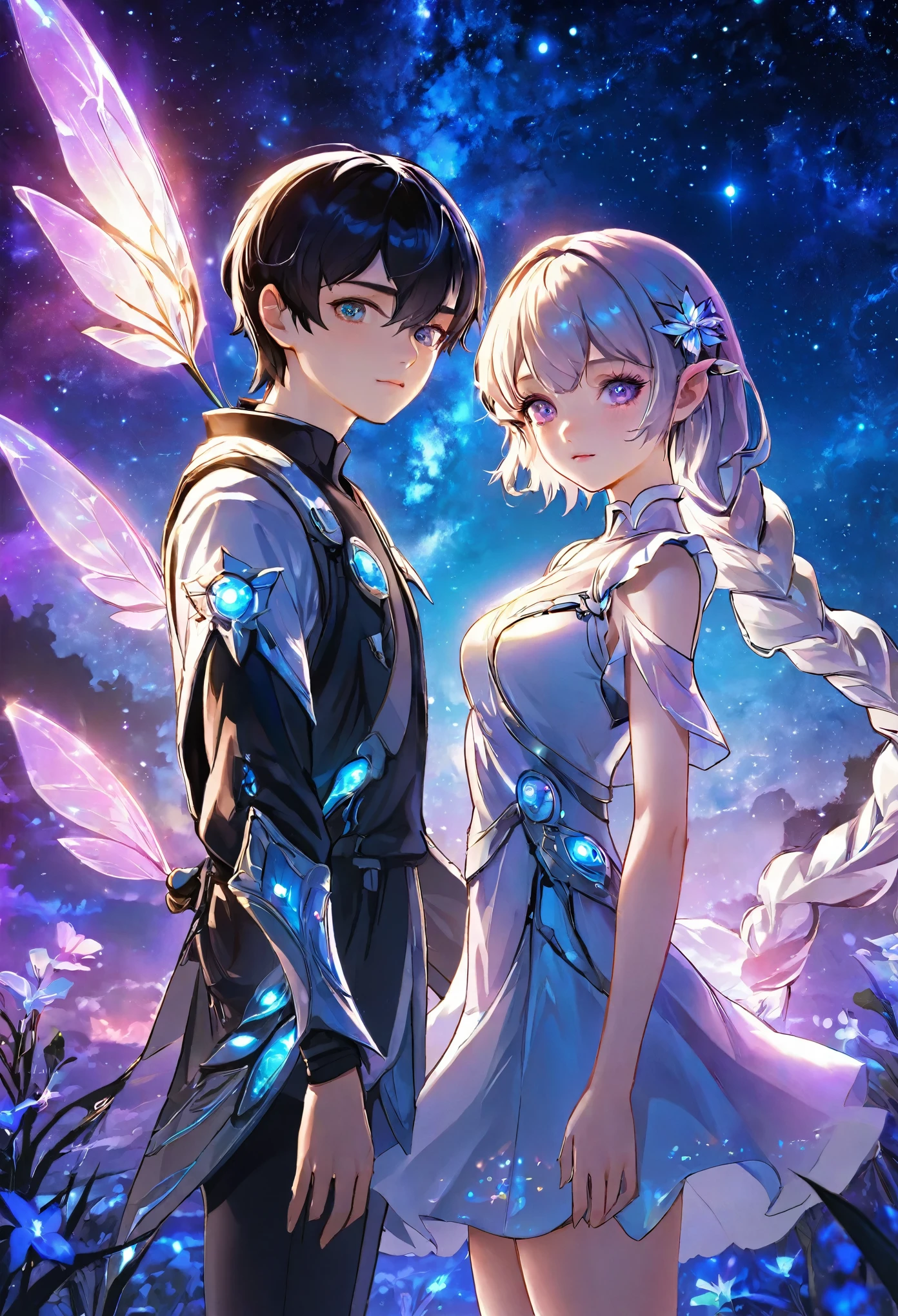 ((knee shot)), ((A boy and a yinji girl)), ((Long shot)),4k ultra hd, masterpiece, a girl, good face, detailed eyes, detailed lips, flower fairy girl, neon lights, Standing posture, (galaxy background:1.5), in the heaven,