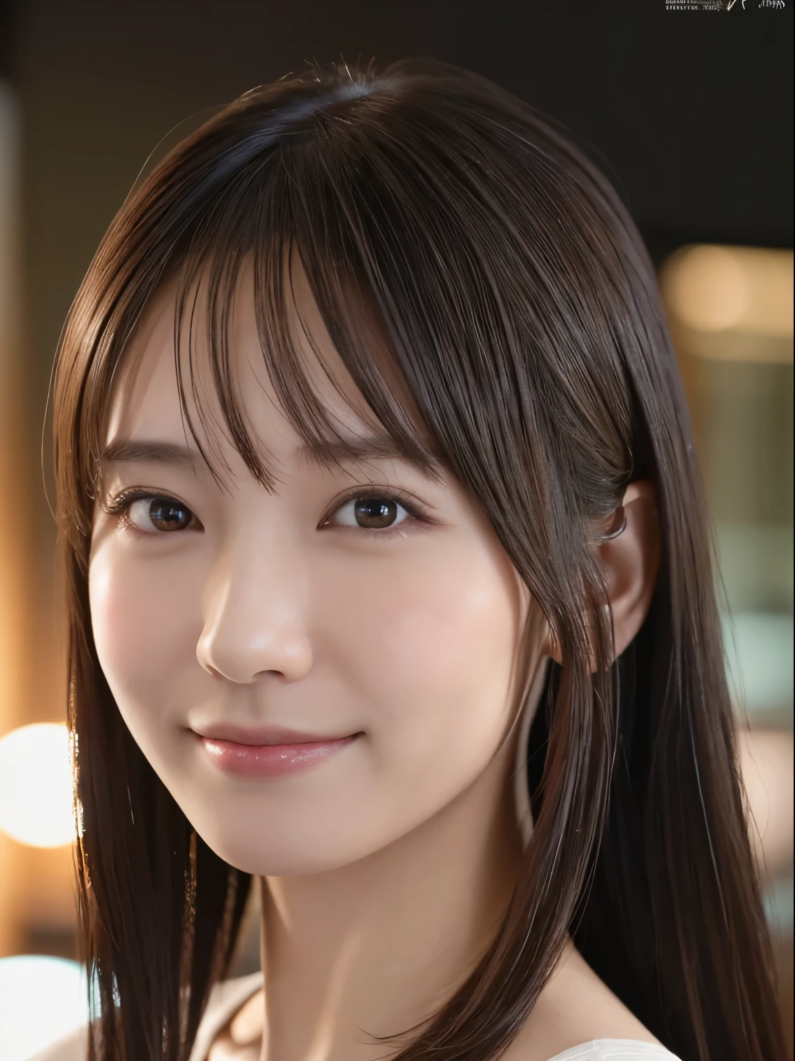 1 Japanese girl, (RAW Photos, highest quality), (Realistic, Realistic:1.4), Tabletop, Very delicate and beautiful, Very detailed, 8k wallpaper, wonderful, In detail, Very detailedなCG Unity, High resolution, Soft Light, Beautiful details 19 years old, Very detailedな目と顔, Beautiful and detailed nose, Beautiful details,Cinema Lighting,Perfect Anatomy,Slender body,smile (Asymmetrical bangs), Beautiful illustrations, (Natural Side Lighting, Cinema Lighting), (Perfect Anatomy:1.4), Cute and symmetrical face, White skin, Shiny skin, (Casual Fashion)